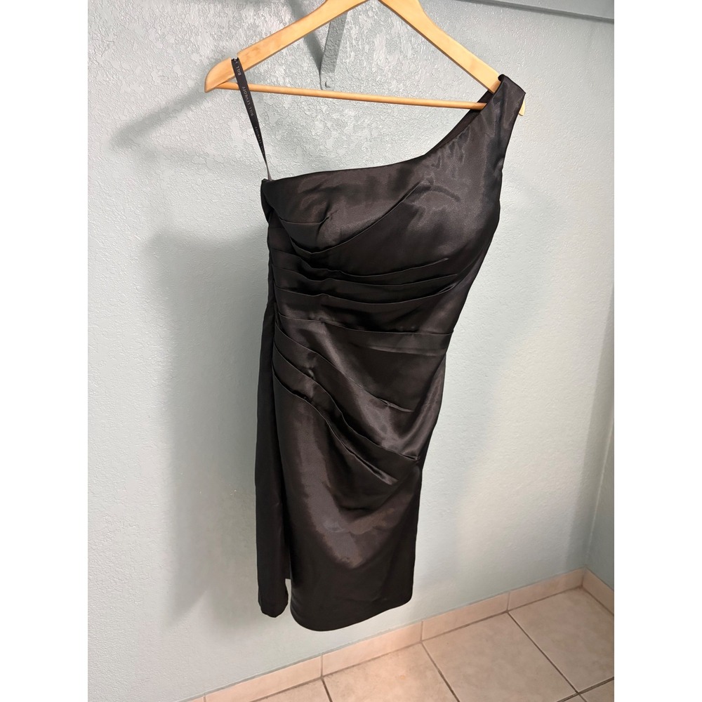 Bill Levkoff Black One Shoulder Ruched Satin Cocktail Dress Formal Size 6